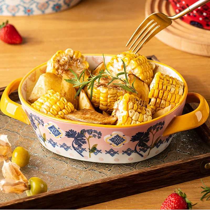 Urban Nest – Bohemian Double Ear Ceramic Bowls | Hand-Painted Colorful Tableware for Soup, Salad & Baking