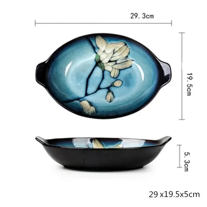 Urban Nest Magnolia Bloom Ceramic Tableware – Handcrafted Blue Dinner Plates & Bowls Set