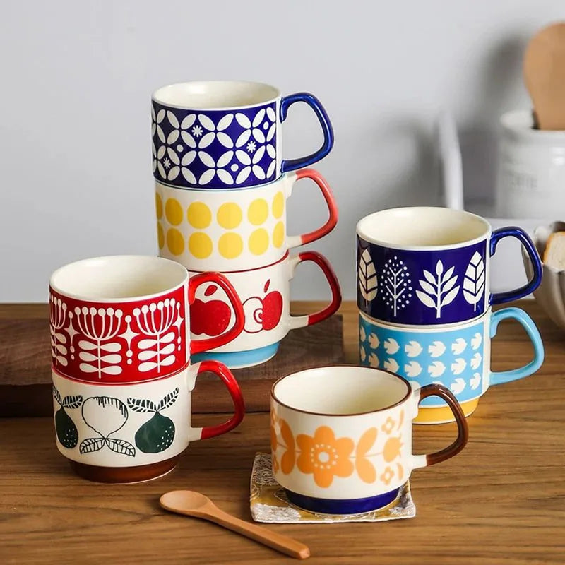 Retro Japanese Ceramic Coffee Mug Set – 300ml Colorful Hand-Painted Cups