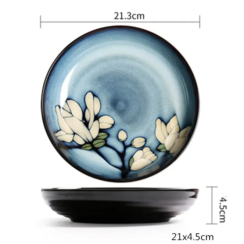 Urban Nest Magnolia Bloom Ceramic Tableware – Handcrafted Blue Dinner Plates & Bowls Set
