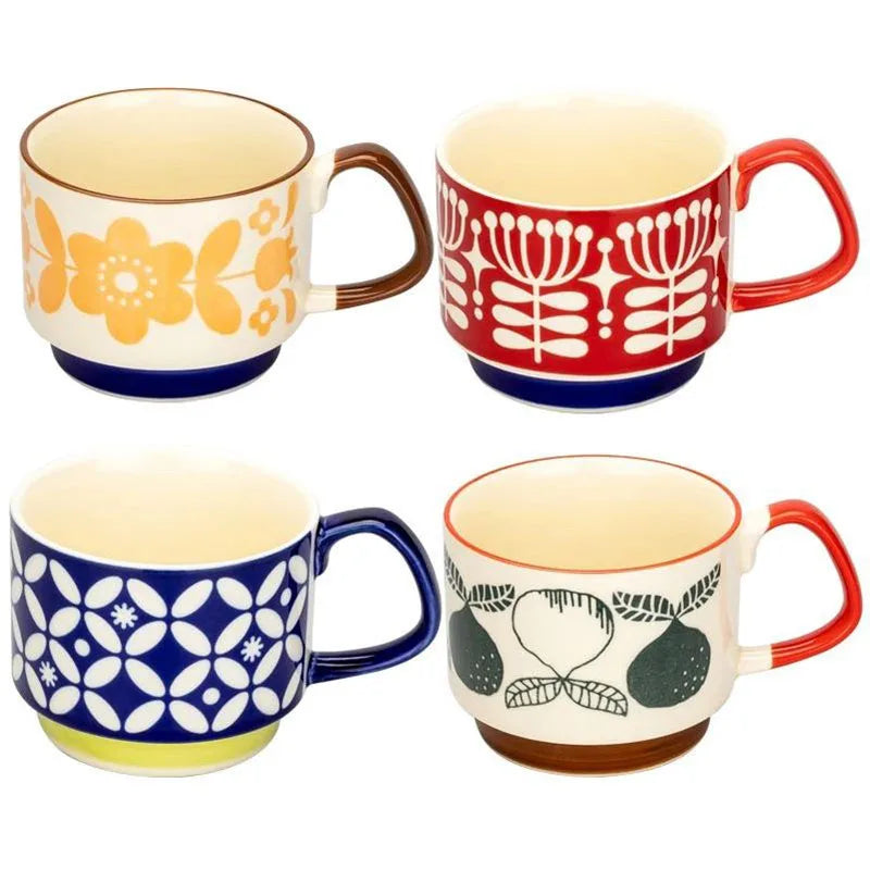 Retro Japanese Ceramic Coffee Mug Set – 300ml Colorful Hand-Painted Cups