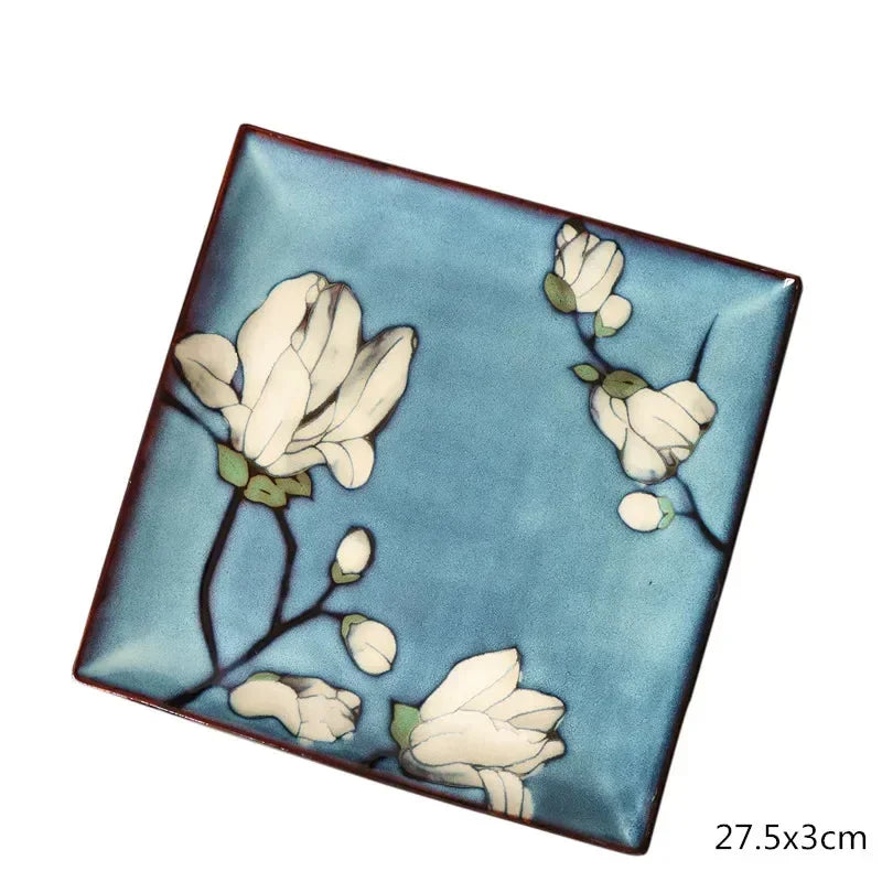 Urban Nest Magnolia Bloom Ceramic Tableware – Handcrafted Blue Dinner Plates & Bowls Set