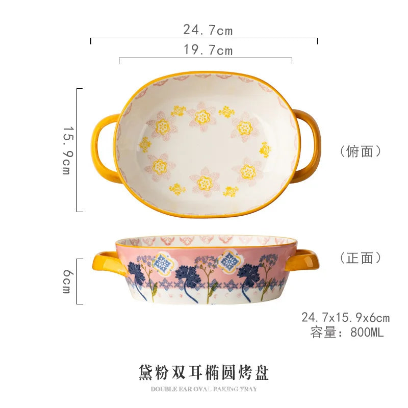 Urban Nest – Bohemian Double Ear Ceramic Bowls | Hand-Painted Colorful Tableware for Soup, Salad & Baking