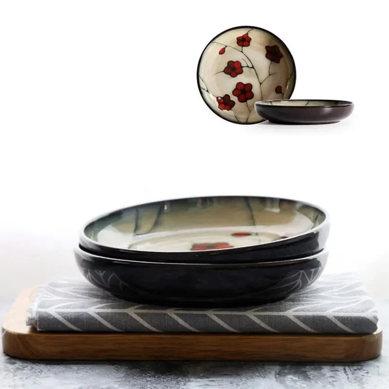 Hand-Painted Japanese Plum Blossom Ceramic Plates & Bowls – Artistic Tableware for Modern Dining