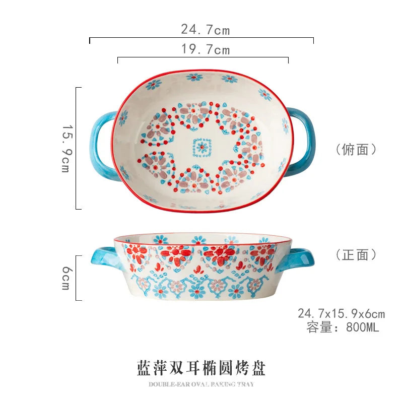 Urban Nest – Bohemian Double Ear Ceramic Bowls | Hand-Painted Colorful Tableware for Soup, Salad & Baking