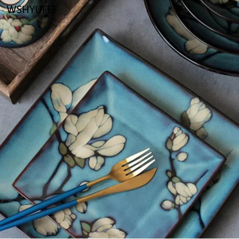 Urban Nest Magnolia Bloom Ceramic Tableware – Handcrafted Blue Dinner Plates & Bowls Set