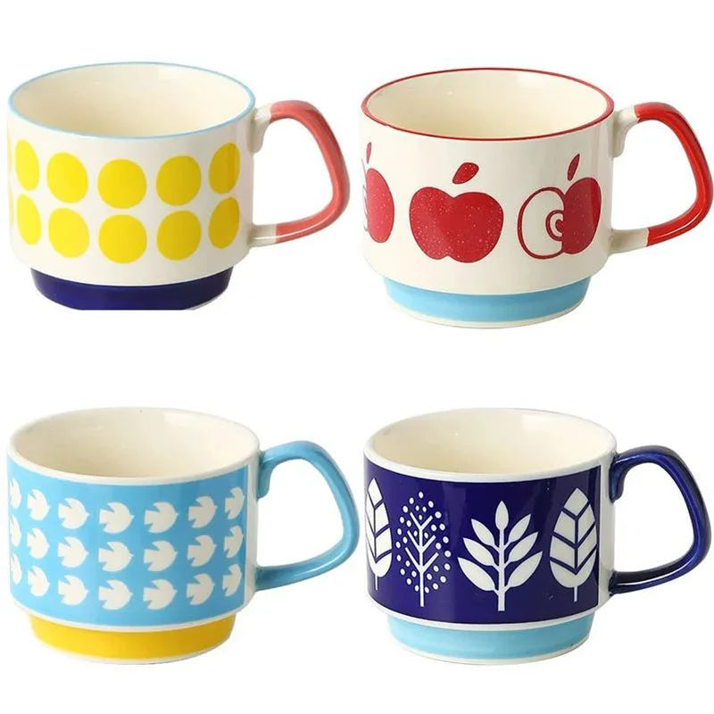 Retro Japanese Ceramic Coffee Mug Set – 300ml Colorful Hand-Painted Cups