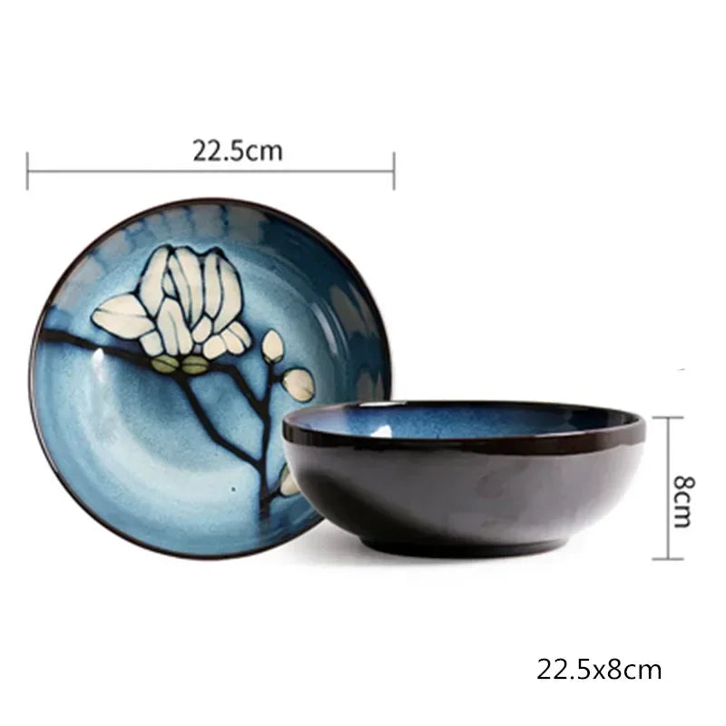 Urban Nest Magnolia Bloom Ceramic Tableware – Handcrafted Blue Dinner Plates & Bowls Set