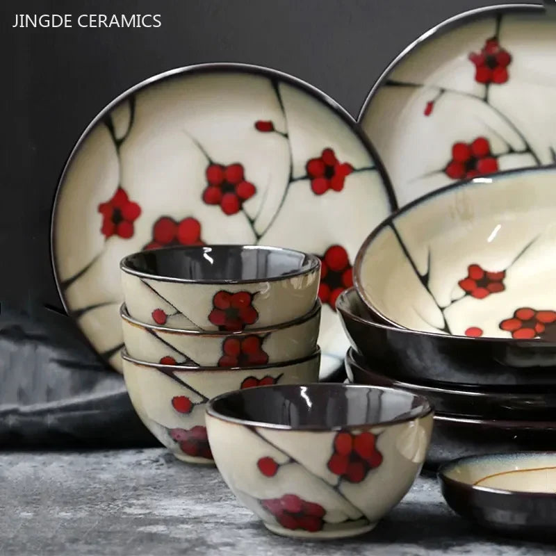 Hand-Painted Japanese Plum Blossom Ceramic Plates & Bowls – Artistic Tableware for Modern Dining