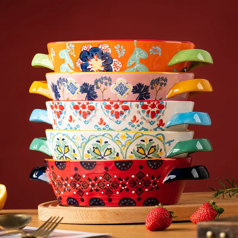 Urban Nest – Bohemian Double Ear Ceramic Bowls | Hand-Painted Colorful Tableware for Soup, Salad & Baking