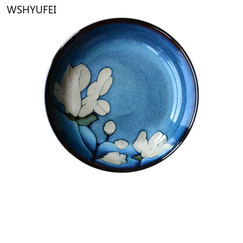 Urban Nest Magnolia Bloom Ceramic Tableware – Handcrafted Blue Dinner Plates & Bowls Set