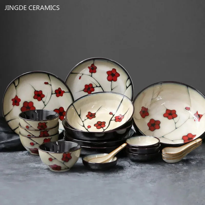 Hand-Painted Japanese Plum Blossom Ceramic Plates & Bowls – Artistic Tableware for Modern Dining