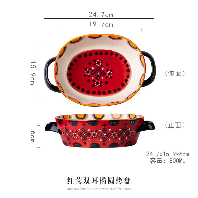 Urban Nest – Bohemian Double Ear Ceramic Bowls | Hand-Painted Colorful Tableware for Soup, Salad & Baking