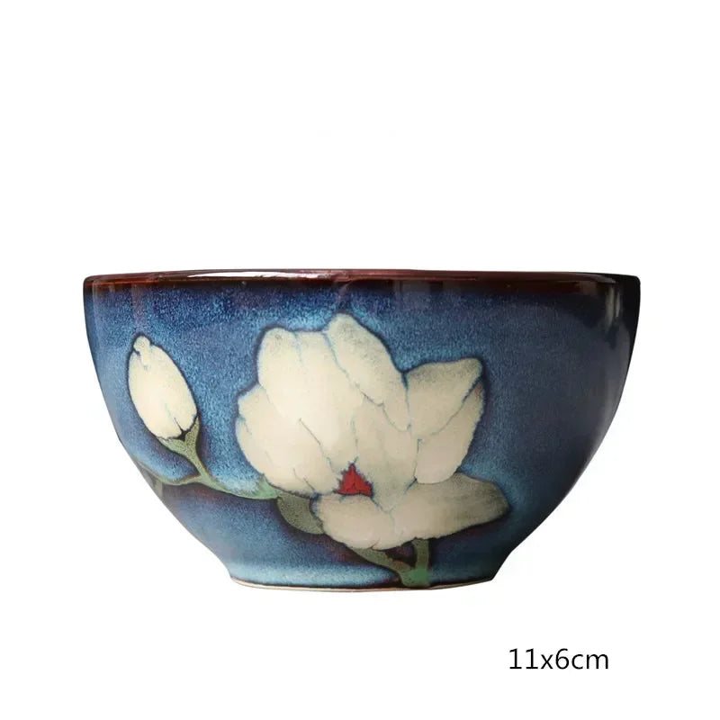 Urban Nest Magnolia Bloom Ceramic Tableware – Handcrafted Blue Dinner Plates & Bowls Set