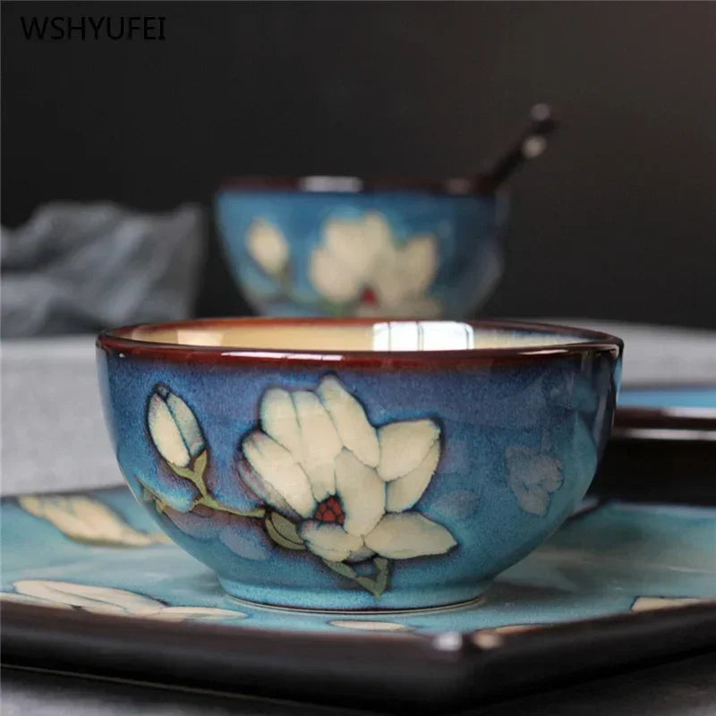 Urban Nest Magnolia Bloom Ceramic Tableware – Handcrafted Blue Dinner Plates & Bowls Set