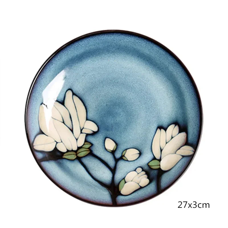 Urban Nest Magnolia Bloom Ceramic Tableware – Handcrafted Blue Dinner Plates & Bowls Set