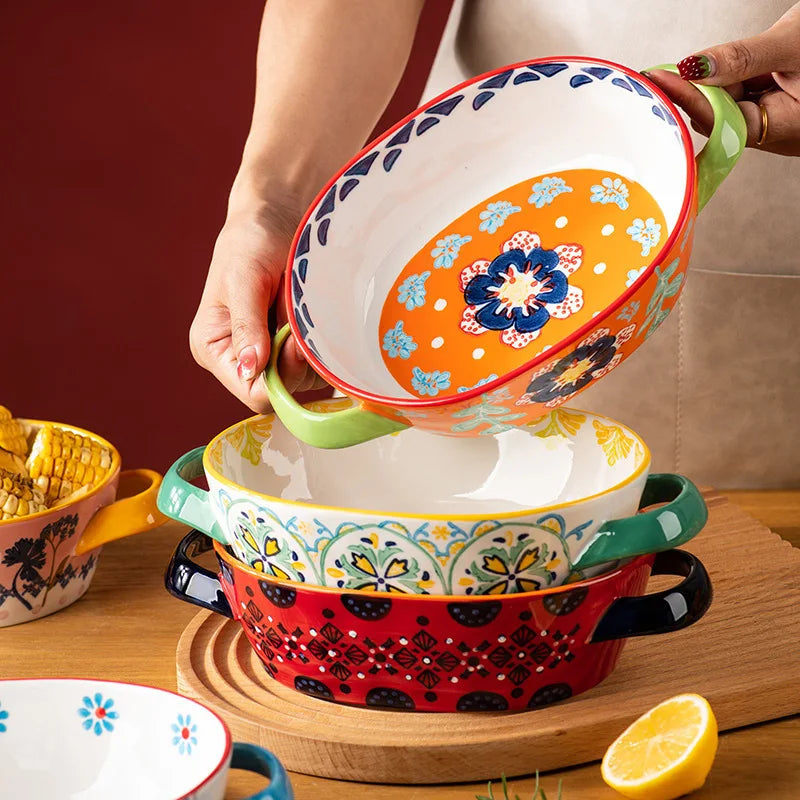 Urban Nest – Bohemian Double Ear Ceramic Bowls | Hand-Painted Colorful Tableware for Soup, Salad & Baking