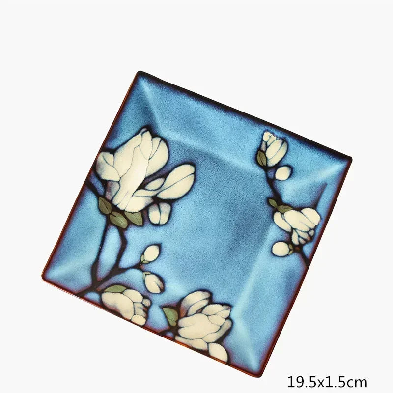 Urban Nest Magnolia Bloom Ceramic Tableware – Handcrafted Blue Dinner Plates & Bowls Set