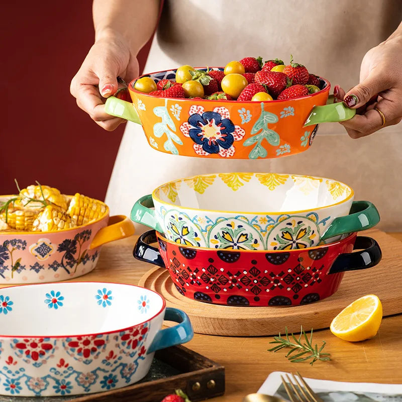 Urban Nest – Bohemian Double Ear Ceramic Bowls | Hand-Painted Colorful Tableware for Soup, Salad & Baking