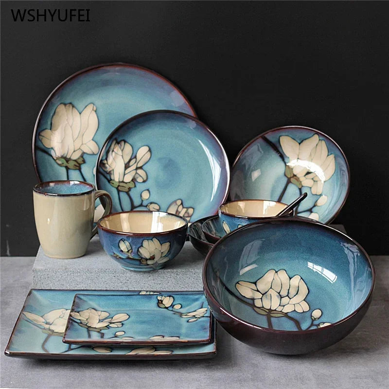 Urban Nest Magnolia Bloom Ceramic Tableware – Handcrafted Blue Dinner Plates & Bowls Set