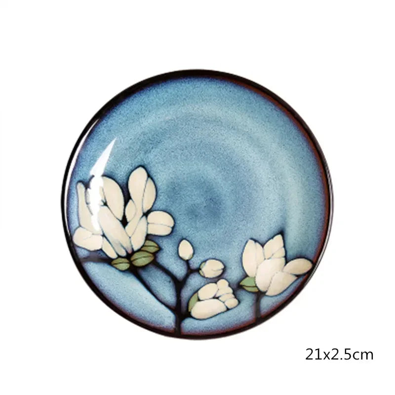 Urban Nest Magnolia Bloom Ceramic Tableware – Handcrafted Blue Dinner Plates & Bowls Set