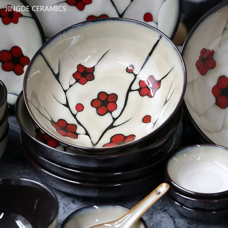 Hand-Painted Japanese Plum Blossom Ceramic Plates & Bowls – Artistic Tableware for Modern Dining