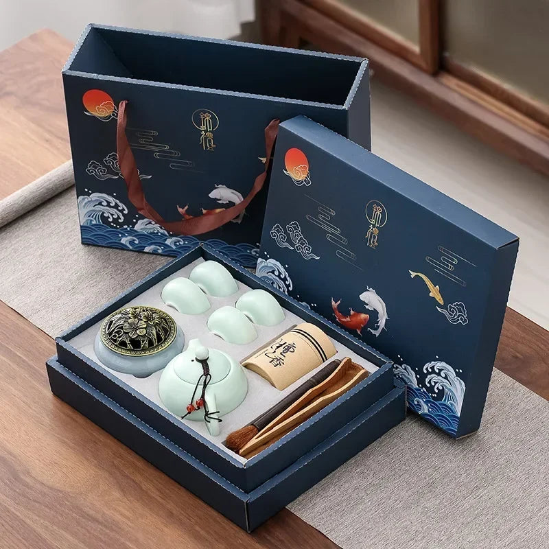 Urban Nest Kungfu Tea Set – Modern Ceramic Gift Box with Teapot, Cups & Incense Burner