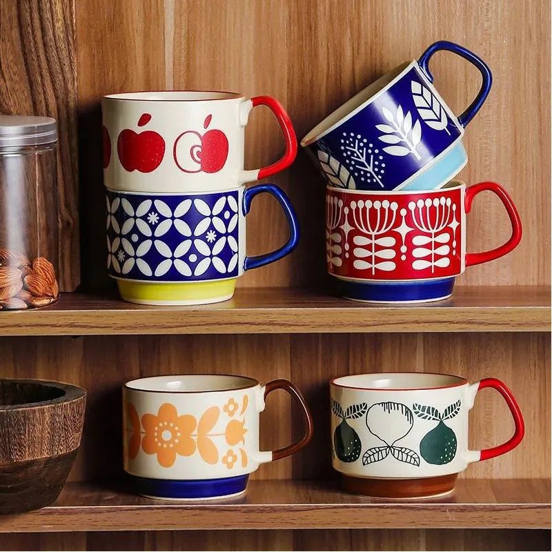 Retro Japanese Ceramic Coffee Mug Set – 300ml Colorful Hand-Painted Cups