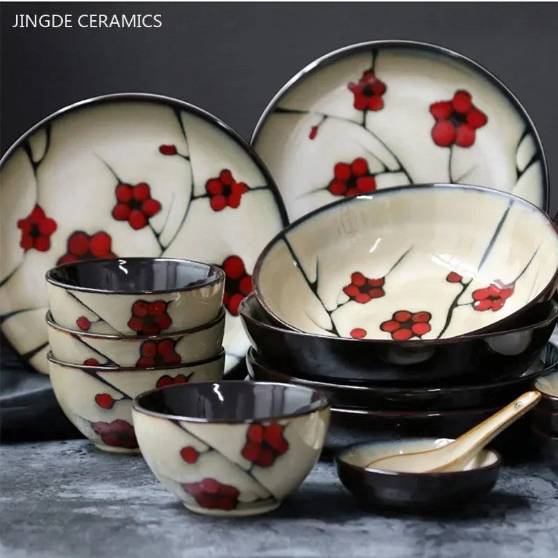 Hand-Painted Japanese Plum Blossom Ceramic Plates & Bowls – Artistic Tableware for Modern Dining